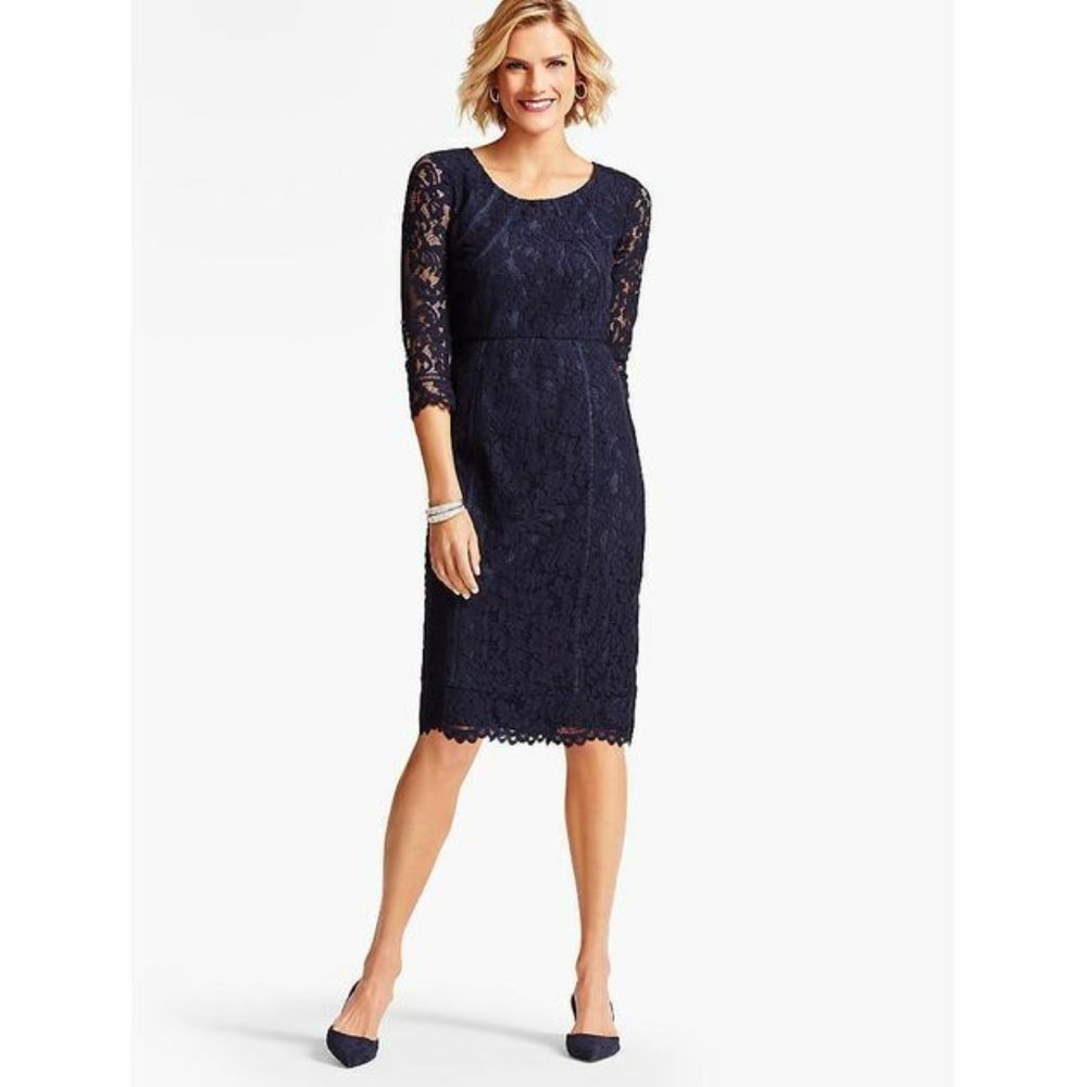TALBOTS lace dress womans Indigo blue full sheath pencil Sz 6 NEW w/tags formal